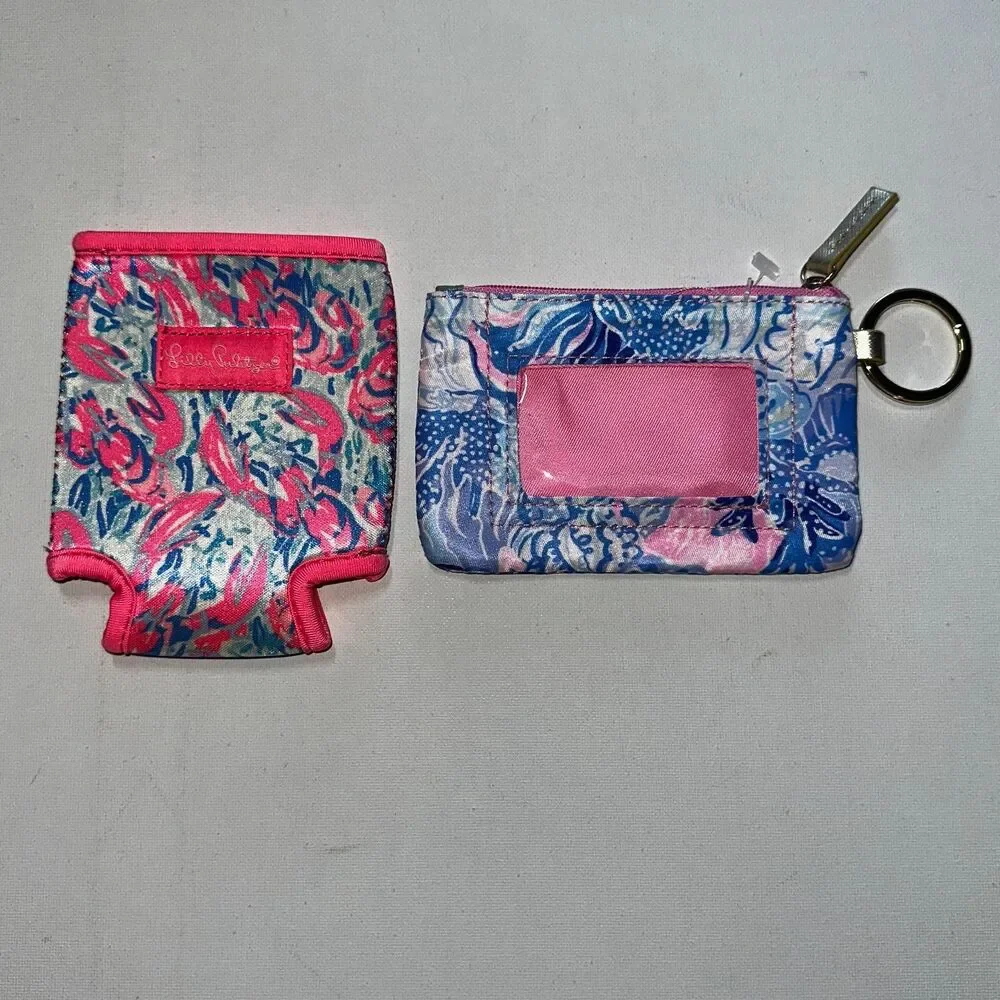 Lilly Pulitzer Drink Hugger Can Cooler and I.D. Case Wallet Pouch Blue Pink NWOT